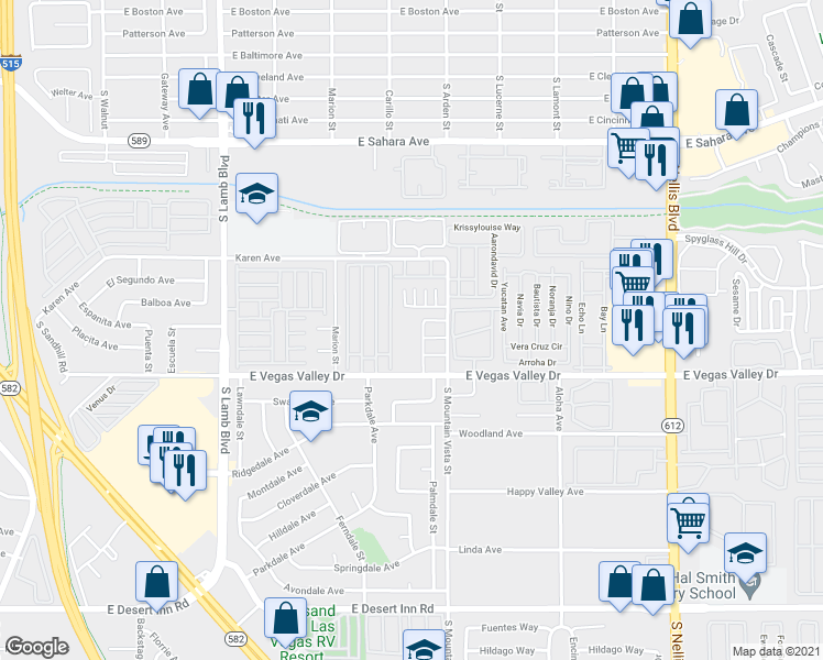 map of restaurants, bars, coffee shops, grocery stores, and more near 2841 Wheelwright Drive in Las Vegas