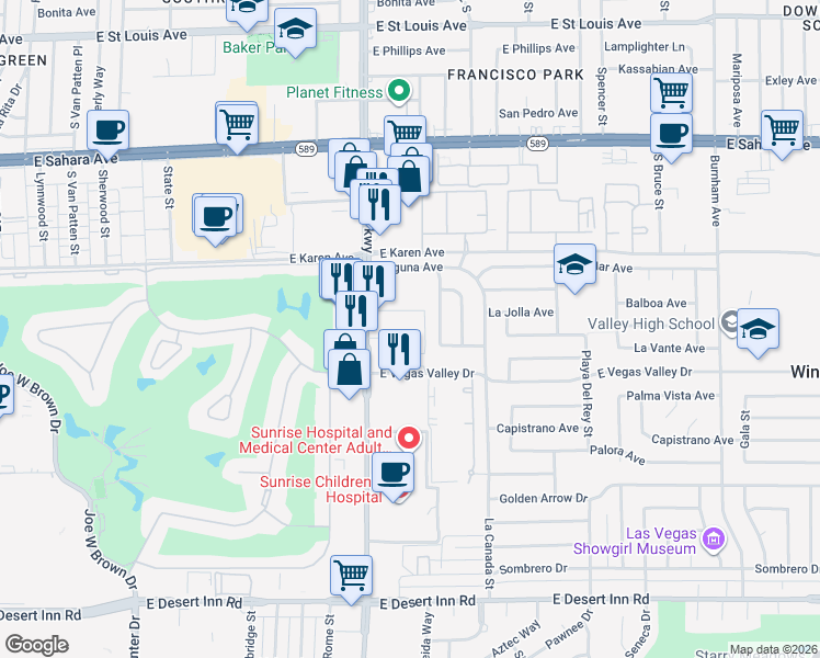 map of restaurants, bars, coffee shops, grocery stores, and more near 2850 South Maryland Parkway in Las Vegas