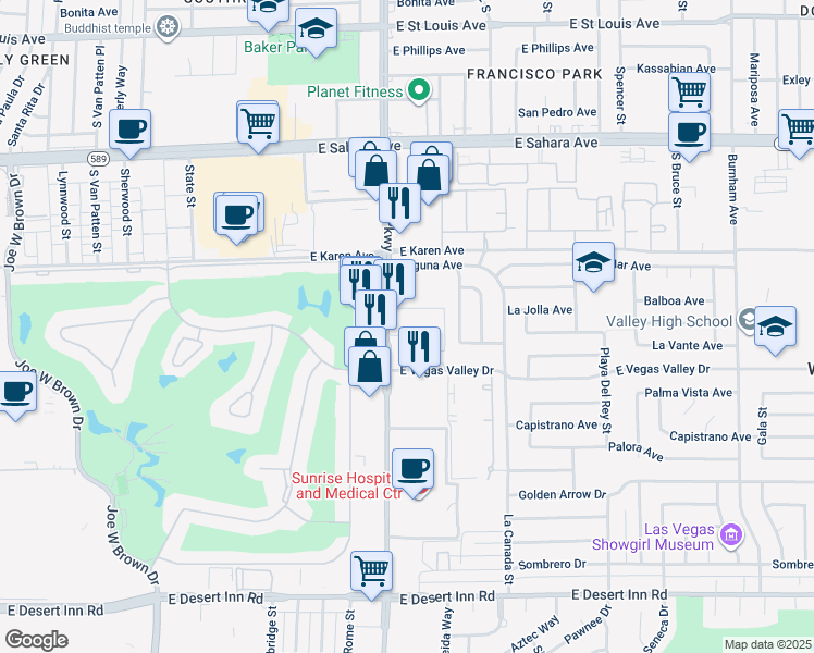 map of restaurants, bars, coffee shops, grocery stores, and more near 2850 South Maryland Parkway in Las Vegas