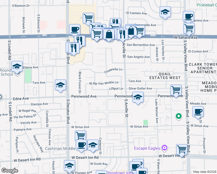 map of restaurants, bars, coffee shops, grocery stores, and more near 4509 Lilliput Lane in Las Vegas