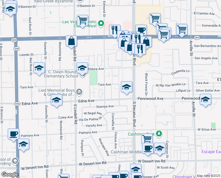map of restaurants, bars, coffee shops, grocery stores, and more near 2854 South Edmond Street in Las Vegas