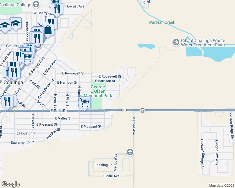 map of restaurants, bars, coffee shops, grocery stores, and more near 540 Childers Street in Coalinga