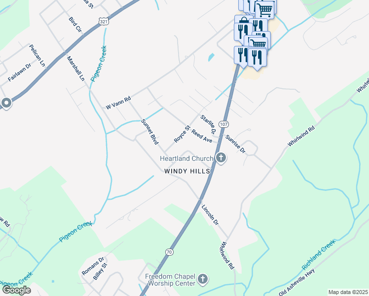 map of restaurants, bars, coffee shops, grocery stores, and more near 119 Harrison Drive in Greeneville
