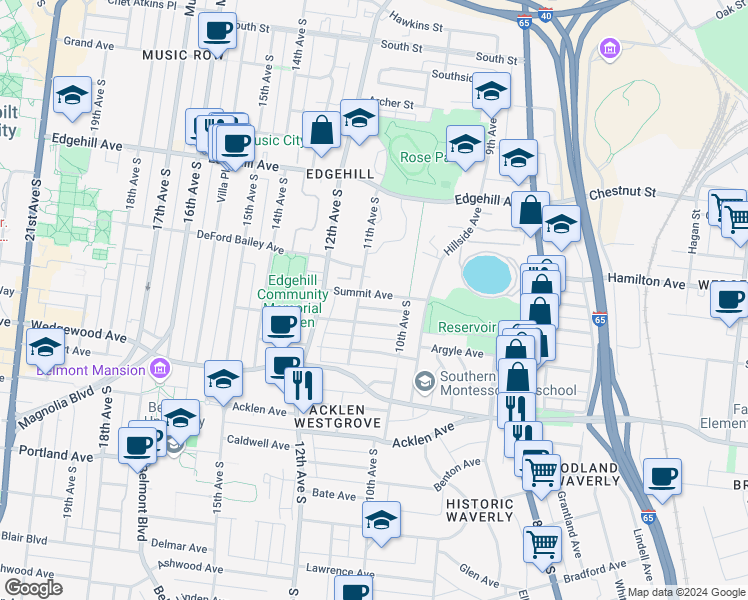 map of restaurants, bars, coffee shops, grocery stores, and more near 1016 Argyle Avenue in Nashville