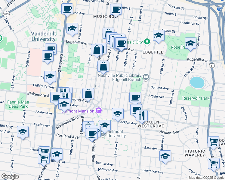 map of restaurants, bars, coffee shops, grocery stores, and more near 1701 Villa Place in Nashville