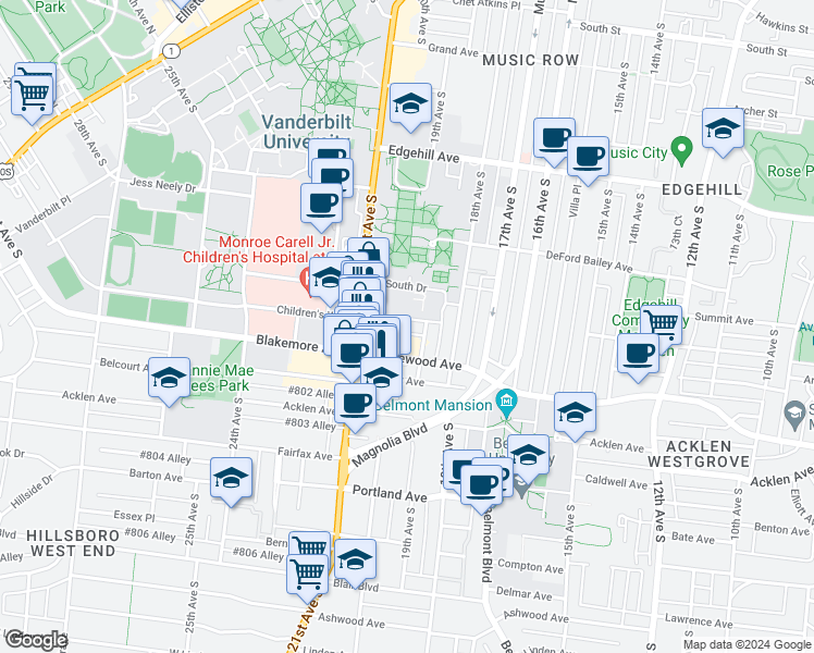 map of restaurants, bars, coffee shops, grocery stores, and more near 1908 Blakemore Avenue in Nashville