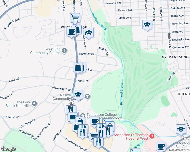 map of restaurants, bars, coffee shops, grocery stores, and more near 5535B Knob Road in Nashville