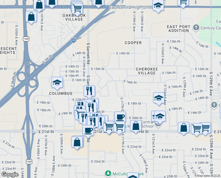 map of restaurants, bars, coffee shops, grocery stores, and more near 1632 South 116th East Avenue in Tulsa