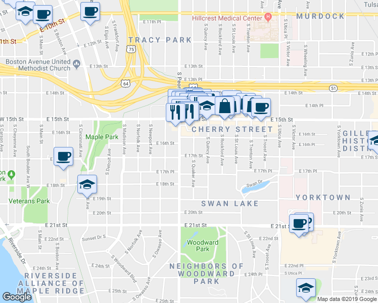 map of restaurants, bars, coffee shops, grocery stores, and more near 1322 East 17th Street in Tulsa