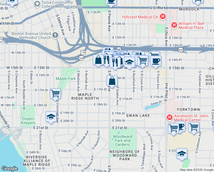 map of restaurants, bars, coffee shops, grocery stores, and more near in Tulsa