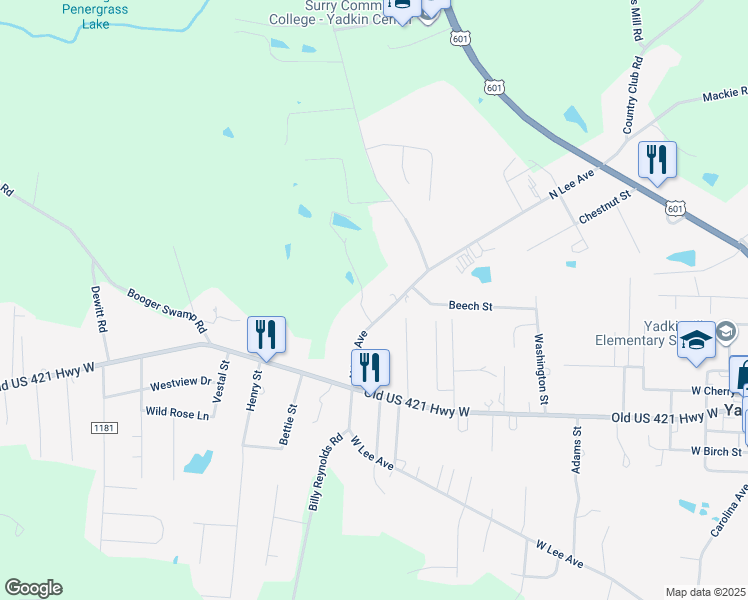 map of restaurants, bars, coffee shops, grocery stores, and more near 143 North Lee Avenue in Yadkinville