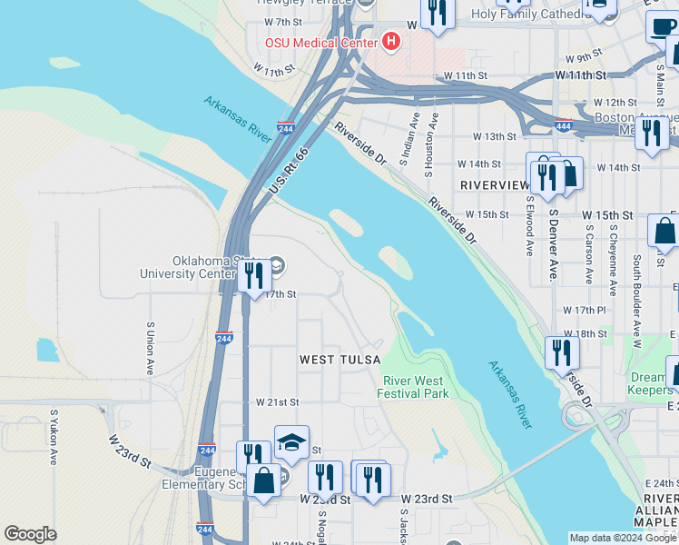 map of restaurants, bars, coffee shops, grocery stores, and more near 1703 South Jackson Avenue in Tulsa