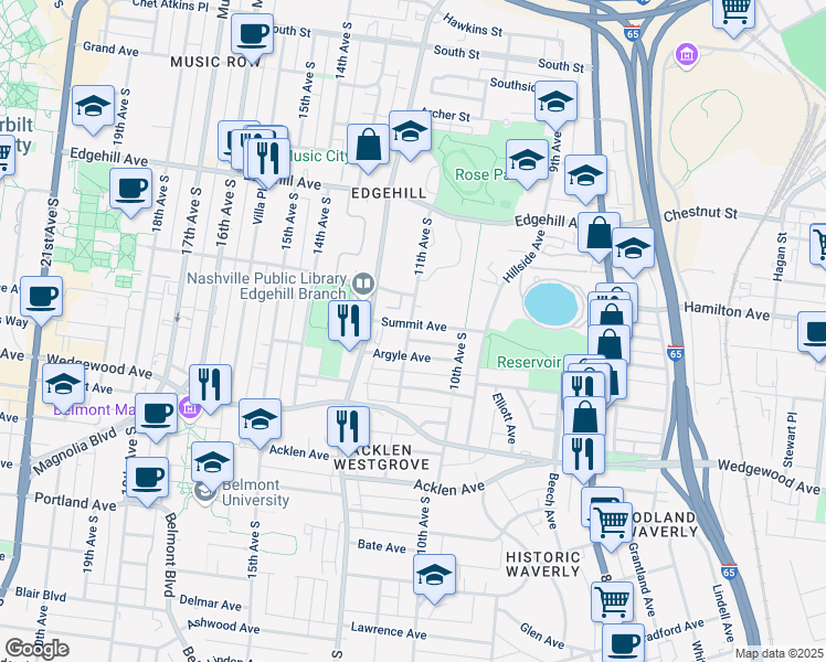 map of restaurants, bars, coffee shops, grocery stores, and more near 1025 Summit Avenue in Nashville