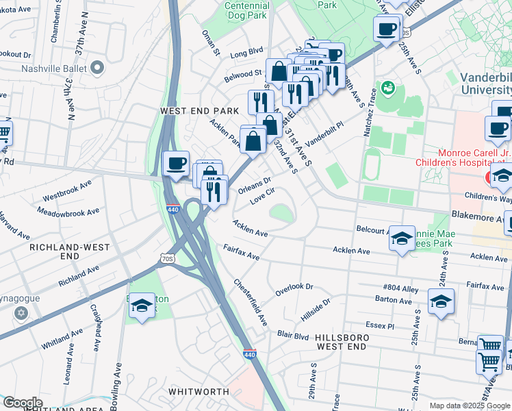 map of restaurants, bars, coffee shops, grocery stores, and more near 3401A Love Circle in Nashville