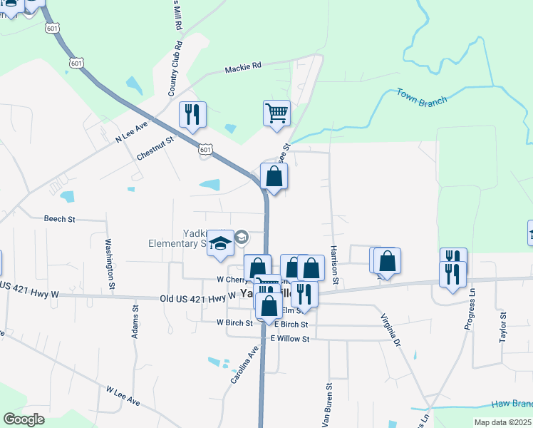 map of restaurants, bars, coffee shops, grocery stores, and more near 111 Hickory Street in Yadkinville