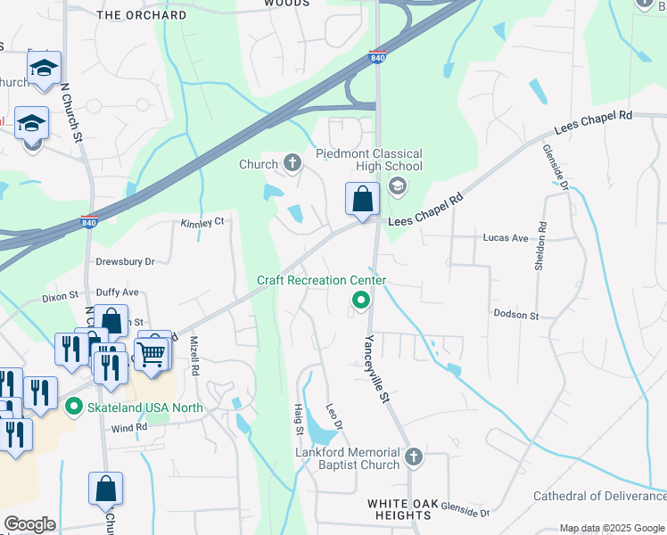 map of restaurants, bars, coffee shops, grocery stores, and more near 129 Heritage Creek Way in Greensboro