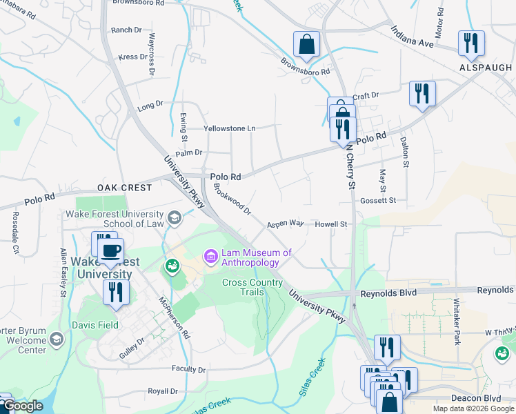 map of restaurants, bars, coffee shops, grocery stores, and more near 2102 Aspen Way in Winston-Salem