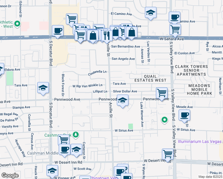 map of restaurants, bars, coffee shops, grocery stores, and more near 3011 Arville Street in Las Vegas