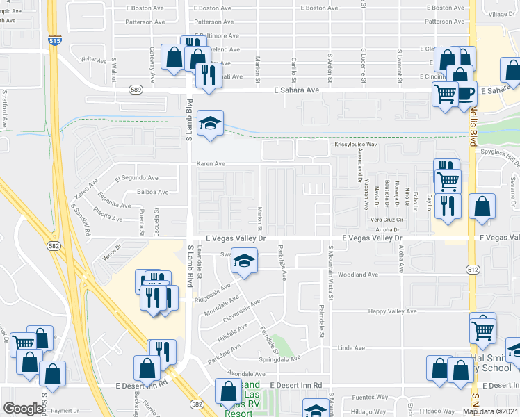 map of restaurants, bars, coffee shops, grocery stores, and more near Marion Street & Cy Cliffview Circle in Las Vegas