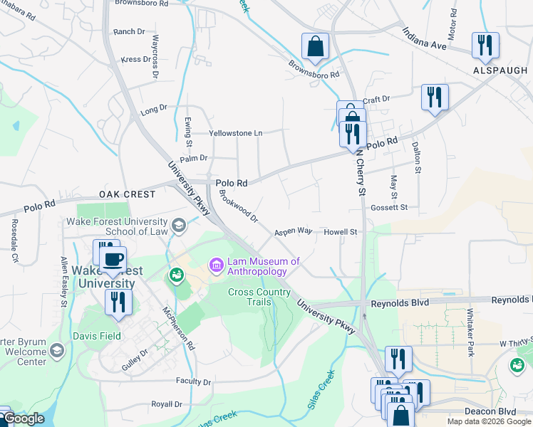 map of restaurants, bars, coffee shops, grocery stores, and more near 1437 Brookwood Drive in Winston-Salem