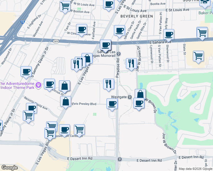 map of restaurants, bars, coffee shops, grocery stores, and more near 2747 Paradise Road in Las Vegas