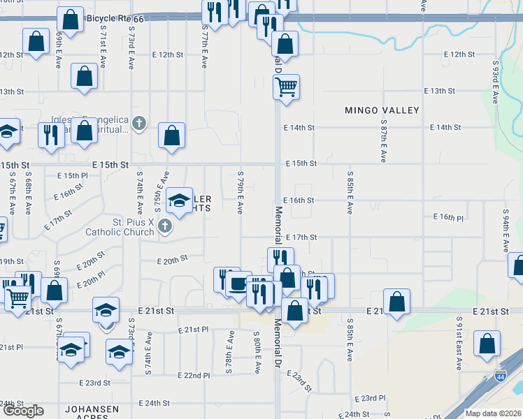 map of restaurants, bars, coffee shops, grocery stores, and more near 1563 South 79th East Avenue in Tulsa