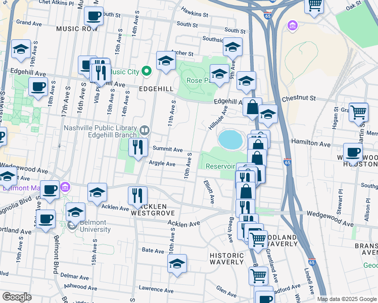 map of restaurants, bars, coffee shops, grocery stores, and more near 1036 10th Avenue South in Nashville