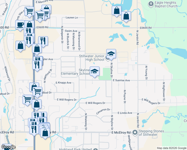 map of restaurants, bars, coffee shops, grocery stores, and more near 1402 East Sunrise Avenue in Stillwater