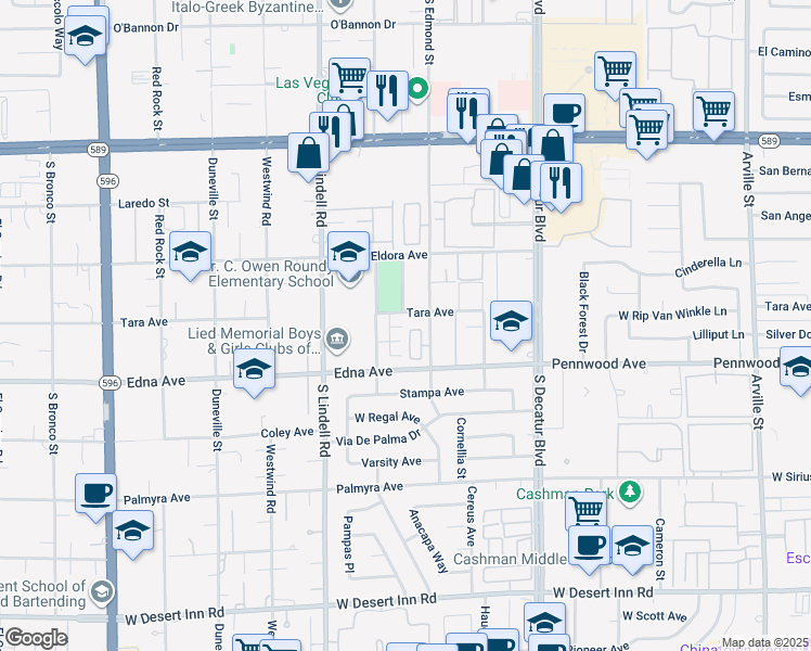 map of restaurants, bars, coffee shops, grocery stores, and more near 5230 Monterey Park Circle in Las Vegas