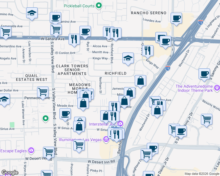 map of restaurants, bars, coffee shops, grocery stores, and more near 2912 Milo Way in Las Vegas