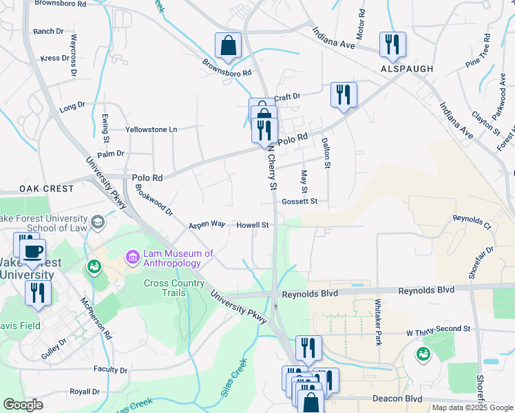 map of restaurants, bars, coffee shops, grocery stores, and more near 704 Aspen Trail in Winston-Salem