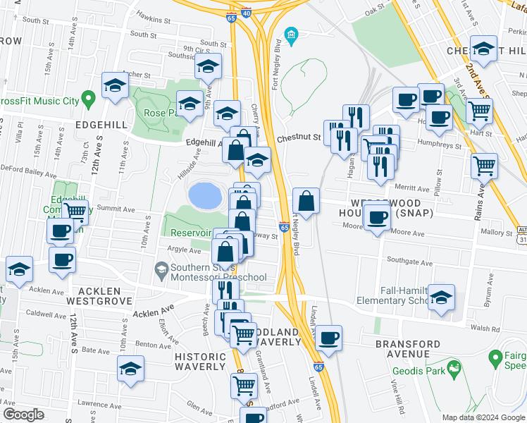 map of restaurants, bars, coffee shops, grocery stores, and more near 747 Lynwood Avenue in Nashville