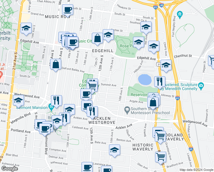 map of restaurants, bars, coffee shops, grocery stores, and more near 1106 Argyle Avenue in Nashville