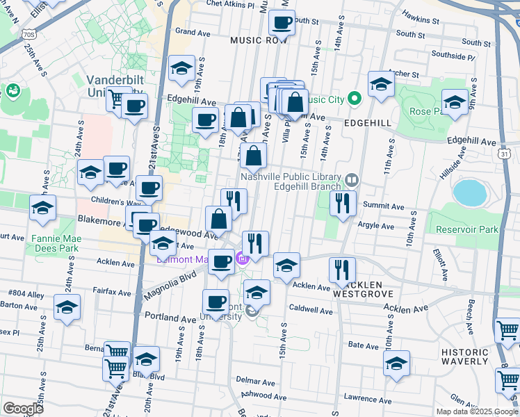 map of restaurants, bars, coffee shops, grocery stores, and more near 1701 Villa Place in Nashville