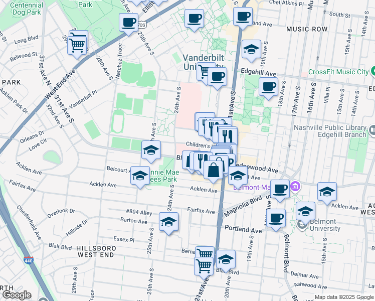 map of restaurants, bars, coffee shops, grocery stores, and more near 1601 23rd Avenue South in Nashville