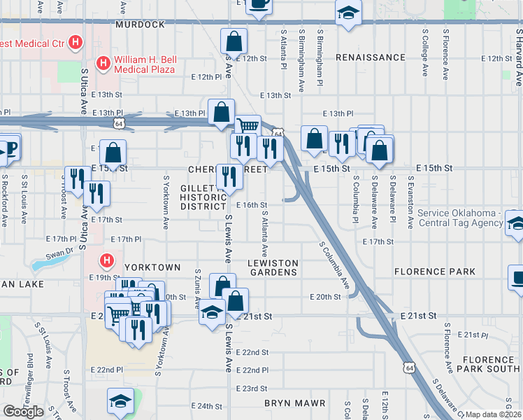 map of restaurants, bars, coffee shops, grocery stores, and more near 1628 South Atlanta Avenue in Tulsa
