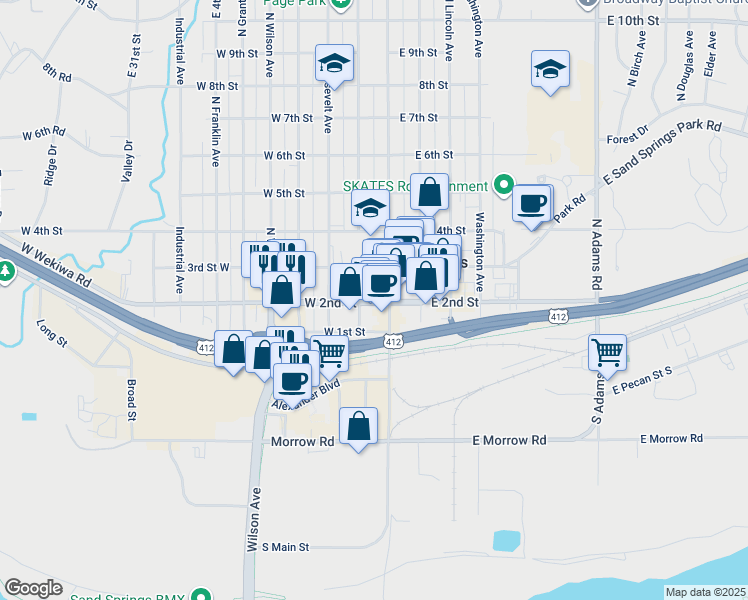 map of restaurants, bars, coffee shops, grocery stores, and more near 113 North Garfield Avenue in Sand Springs