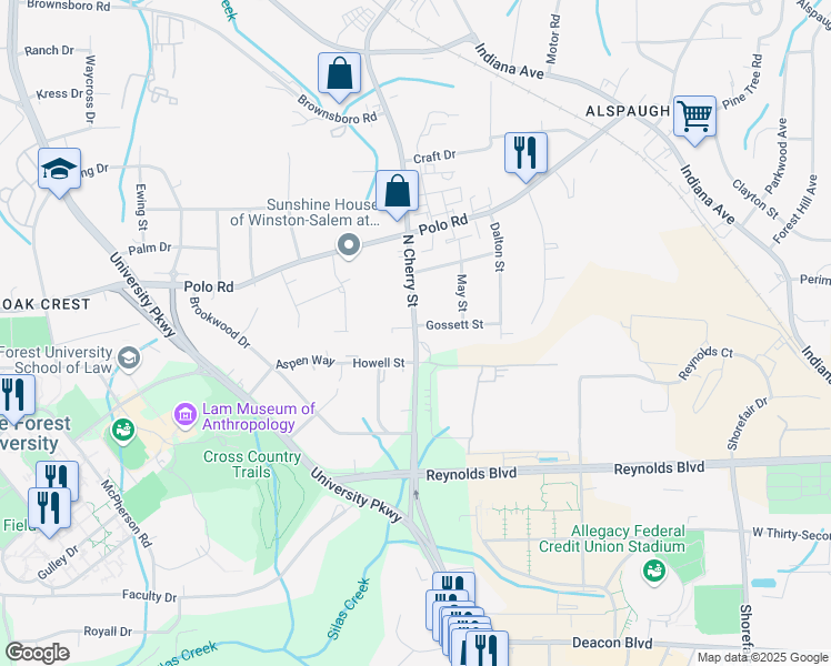 map of restaurants, bars, coffee shops, grocery stores, and more near 3714 North Cherry Street in Winston-Salem