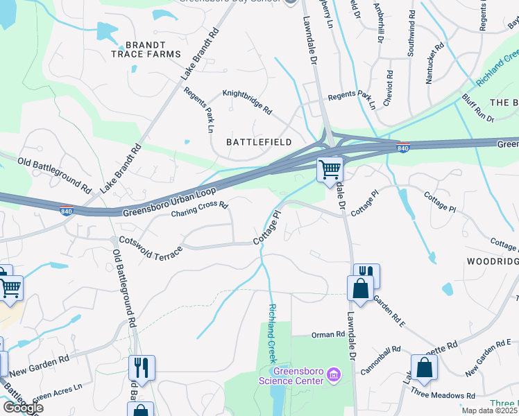 map of restaurants, bars, coffee shops, grocery stores, and more near 3019r Cottage Place in Greensboro