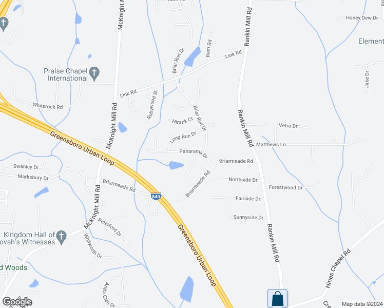 map of restaurants, bars, coffee shops, grocery stores, and more near 3518 Panarama Drive in Greensboro