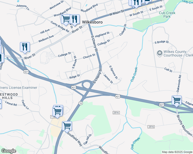 map of restaurants, bars, coffee shops, grocery stores, and more near 613 South Cherry Street in Wilkesboro