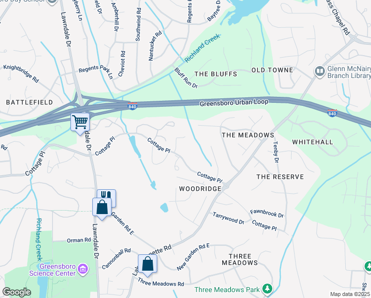 map of restaurants, bars, coffee shops, grocery stores, and more near 2544 Cottage Place in Greensboro