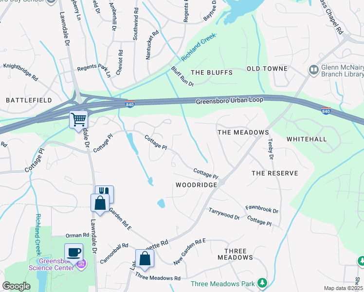 map of restaurants, bars, coffee shops, grocery stores, and more near 2544 Cottage Place in Greensboro