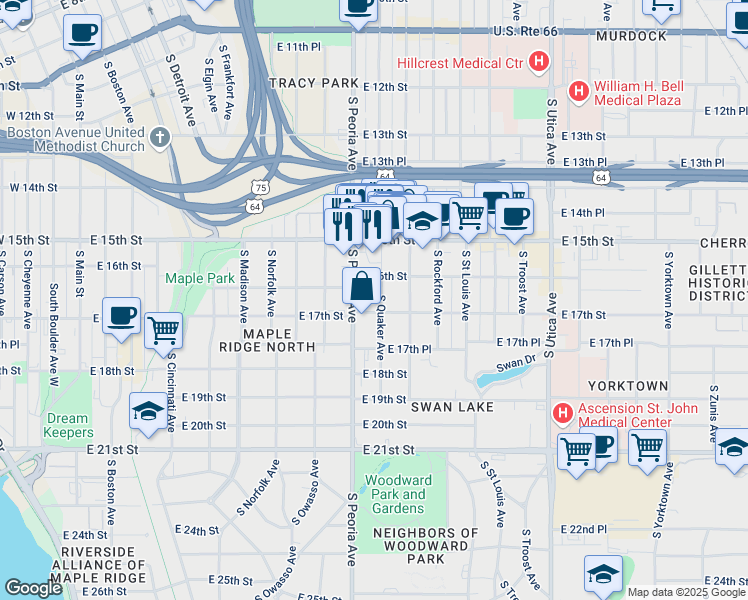 map of restaurants, bars, coffee shops, grocery stores, and more near 1626 South Quaker Avenue in Tulsa