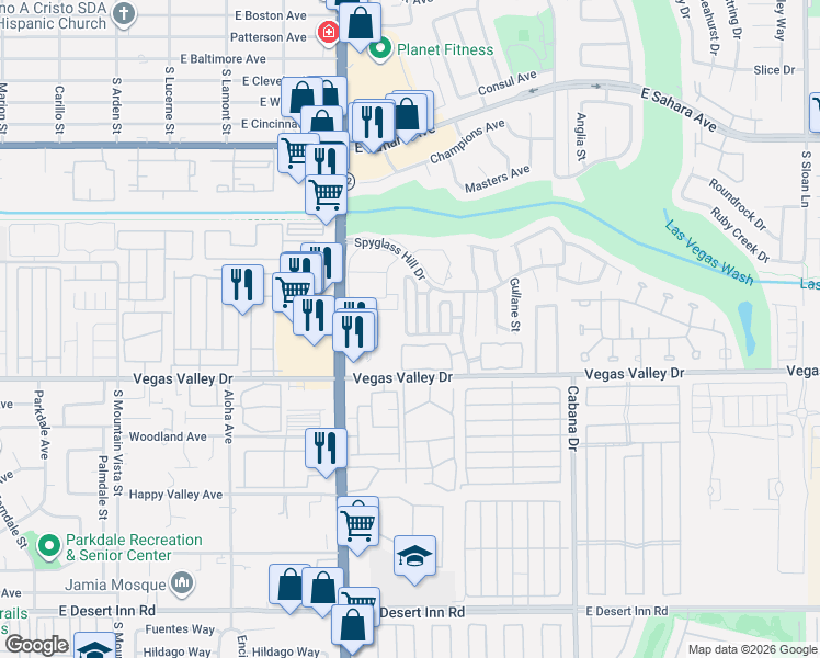 map of restaurants, bars, coffee shops, grocery stores, and more near 5070 East Vegas Valley Drive in Las Vegas