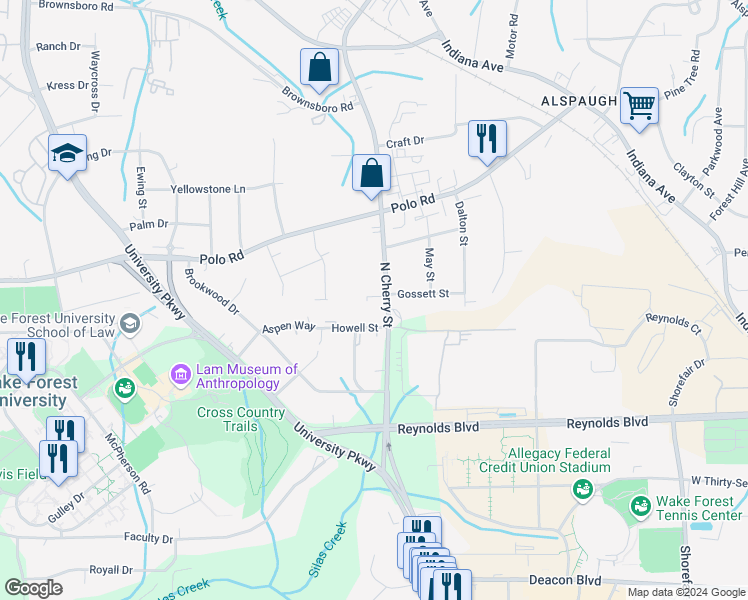 map of restaurants, bars, coffee shops, grocery stores, and more near 3714 Cherry Street in Winston-Salem