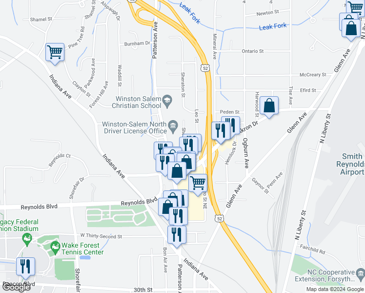 map of restaurants, bars, coffee shops, grocery stores, and more near 3840 Sheraton Street in Winston-Salem