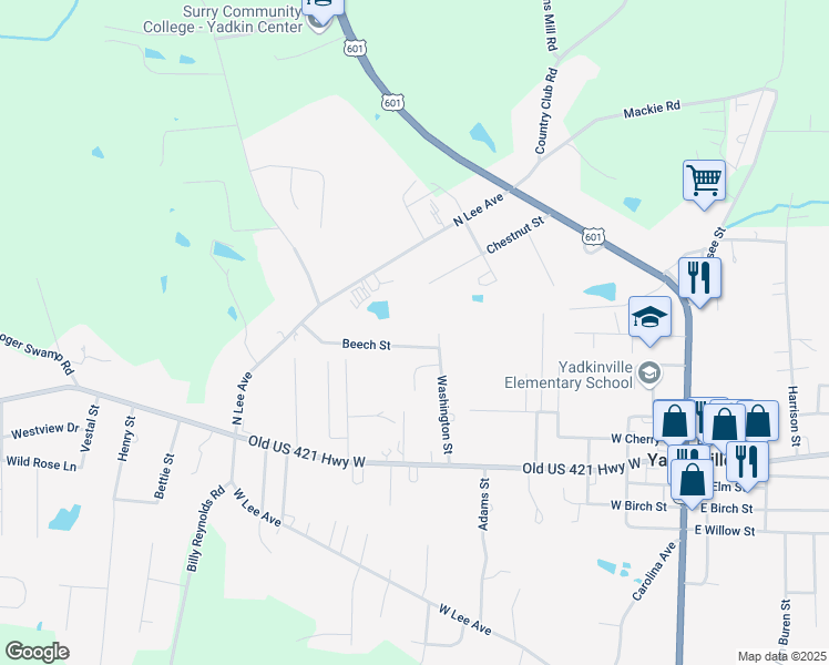 map of restaurants, bars, coffee shops, grocery stores, and more near 709 Beech Street in Yadkinville