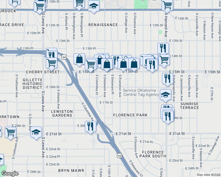 map of restaurants, bars, coffee shops, grocery stores, and more near 1617 South Delaware Avenue in Tulsa
