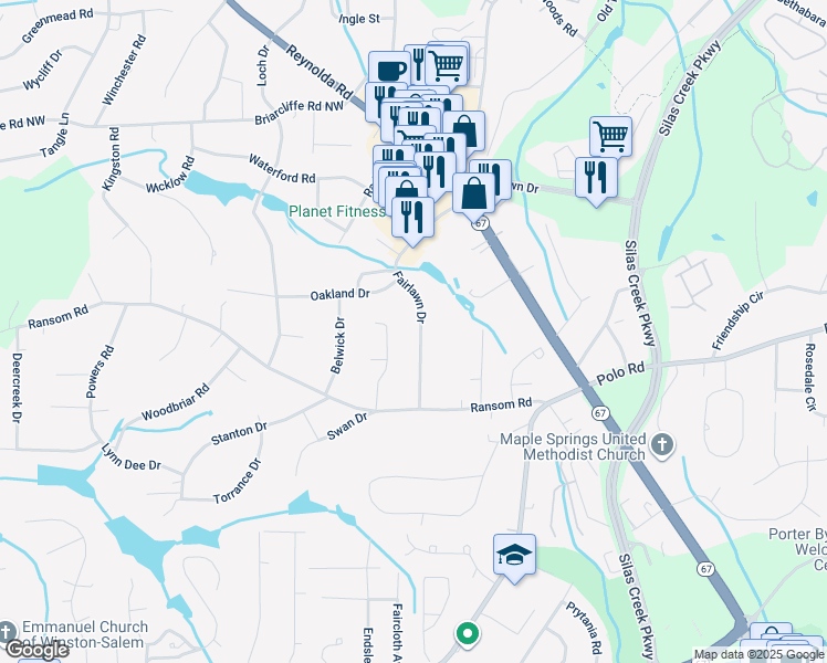 map of restaurants, bars, coffee shops, grocery stores, and more near 2648 Fairlawn Drive in Winston-Salem